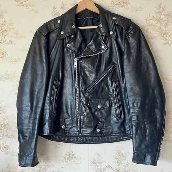 Vintage 60s Heavyweight Leather Motorcycle JacketServal ZipSize Medium
